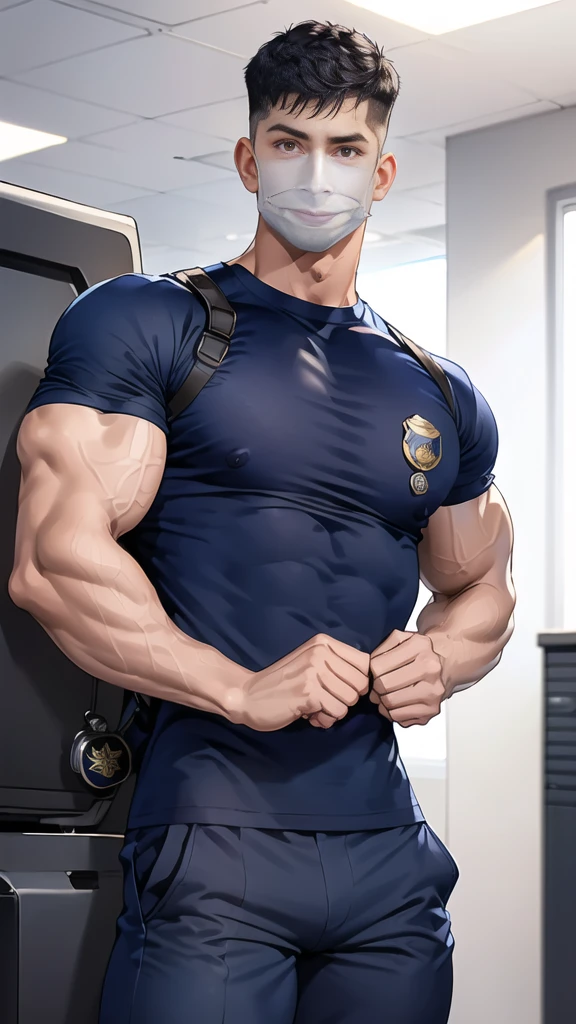(handsome Man),(Thin mustache:1.1),(crew cut short hair:1.5),black eye, (navy blue tight-fitting round neck short sleeve T-shirt:1.3),(Police badge:1.3),navy blue cargo pants,(navy_gloves:1,3),(navy_backpack:1.3),(sunglasses:1.3), Korean guy,chest muscles,large arm muscles,blood vessel,Big muscles,Broad shoulders,(open mouth:1.2),(face up:1.2),(open eyes:1.5),middle of the road,smile,(city:1.4),
(in office:1.5) ,(navy Cotton Mask:1.3)
