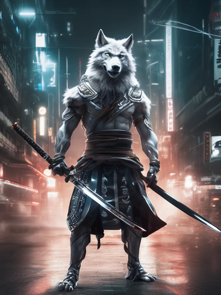 (High-speed shutter:1.1), (exposed for a long time:1.1), (Light trail:1.1) Digital masterpiece of a wolf in a samurai costume. This muscular wolf, Straight from the story of cyberpunk, Dressed in pristine white armor. While pulling out a realistic Japan sword, The aura of murderous intent is clearly visible. Black-style cyberpunk with a beautiful lighting scheme that emphasizes the aura. Angle from the front, Very high resolution, Best aesthetics, 4K resolution.