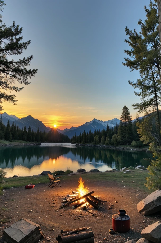 A campfire and camp at the top of the moutain and a beautiful view of sun rises and a river in the down valley