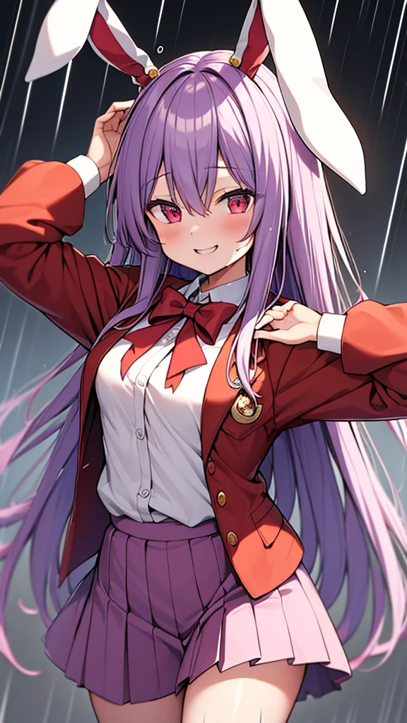 reisen₋udongein₋inaba Light purple long hair Red eyes Red jacket Red blazer White rabbit ears White tie White skirt Smiling Wet in the rain Top quality Masterpiece