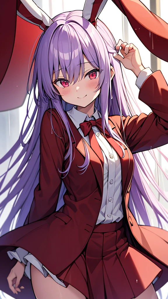 reisen₋udongein₋inaba Light purple long hair Red eyes Red jacket Red blazer White rabbit ears White tie White skirt Smiling Wet in the rain Top quality Masterpiece