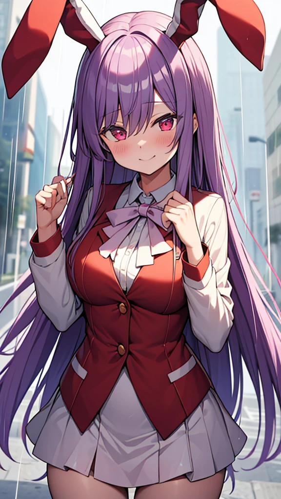 reisen₋udongein₋inaba Light purple long hair Red eyes Red jacket Red blazer White rabbit ears White tie White skirt Smiling Wet in the rain Top quality Masterpiece