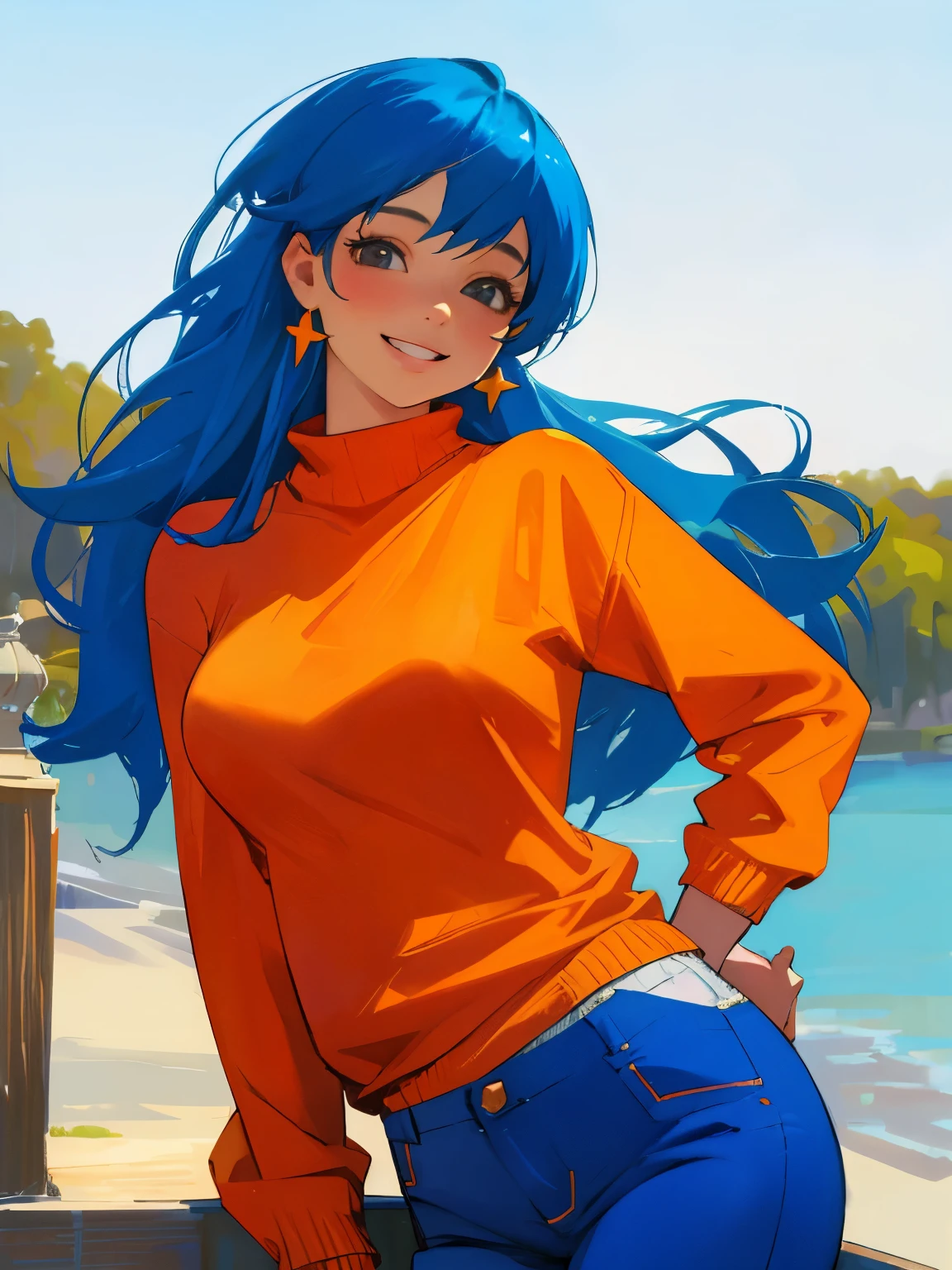 masterpiece, best quality,realistic,absurdres,1girl, bright blue hair, orange jumper, bright blue pants, outdoors, long hair, breasts, grin,