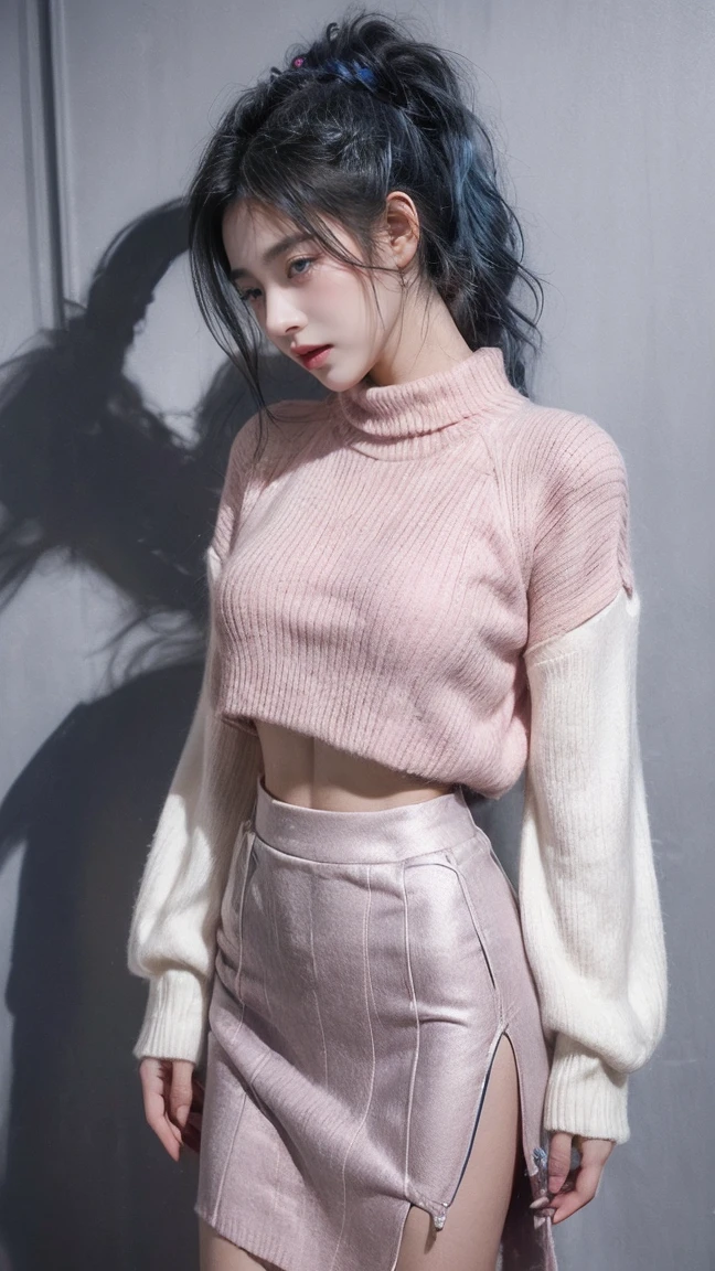 21yo girl,blue hair,ponytail hair,(wearing pink Midi Skirt Plisket),(Midi Skirt Plisket),(wearing sweater),(knit skirt), knit skirt, natural medium breast, plump body,single sidelock hairpin blush modern cinematic lighting,ray tracing,drop shadow wide shot UHD,textured skin,high details,best quality 4K