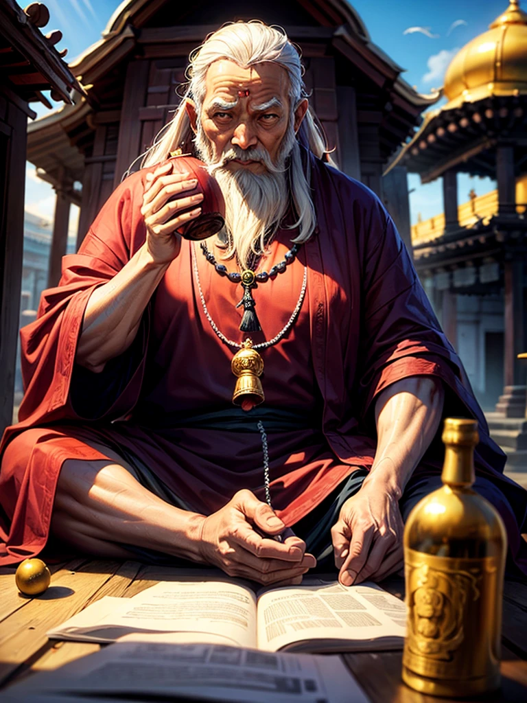 Highest quality,Highest Resolution,An old monk holding a rosary,temple,