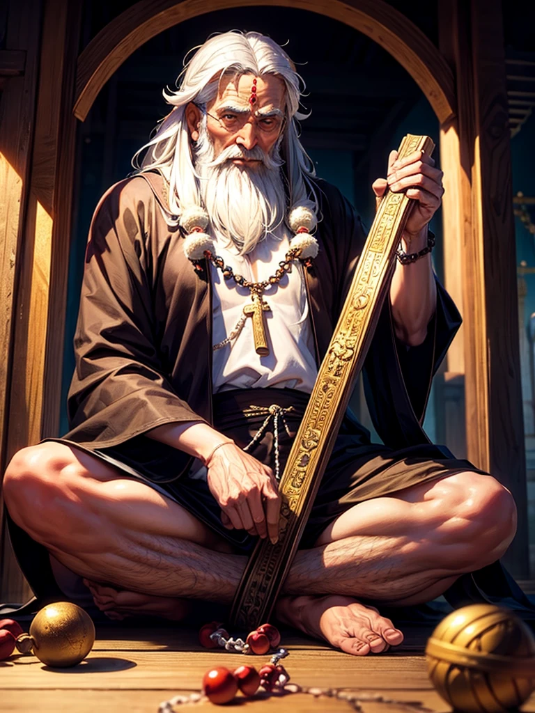 Highest quality,Highest Resolution,An old monk holding a rosary,temple,