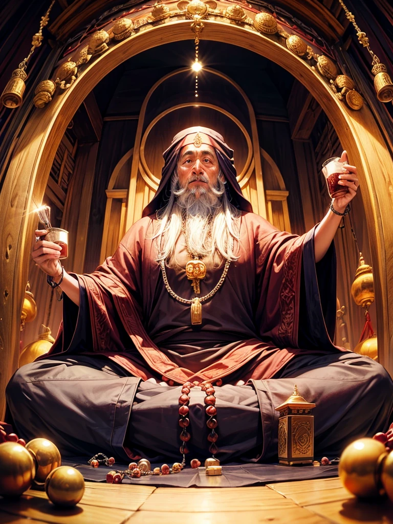 Highest quality,Highest Resolution,An old monk holding a rosary,temple,