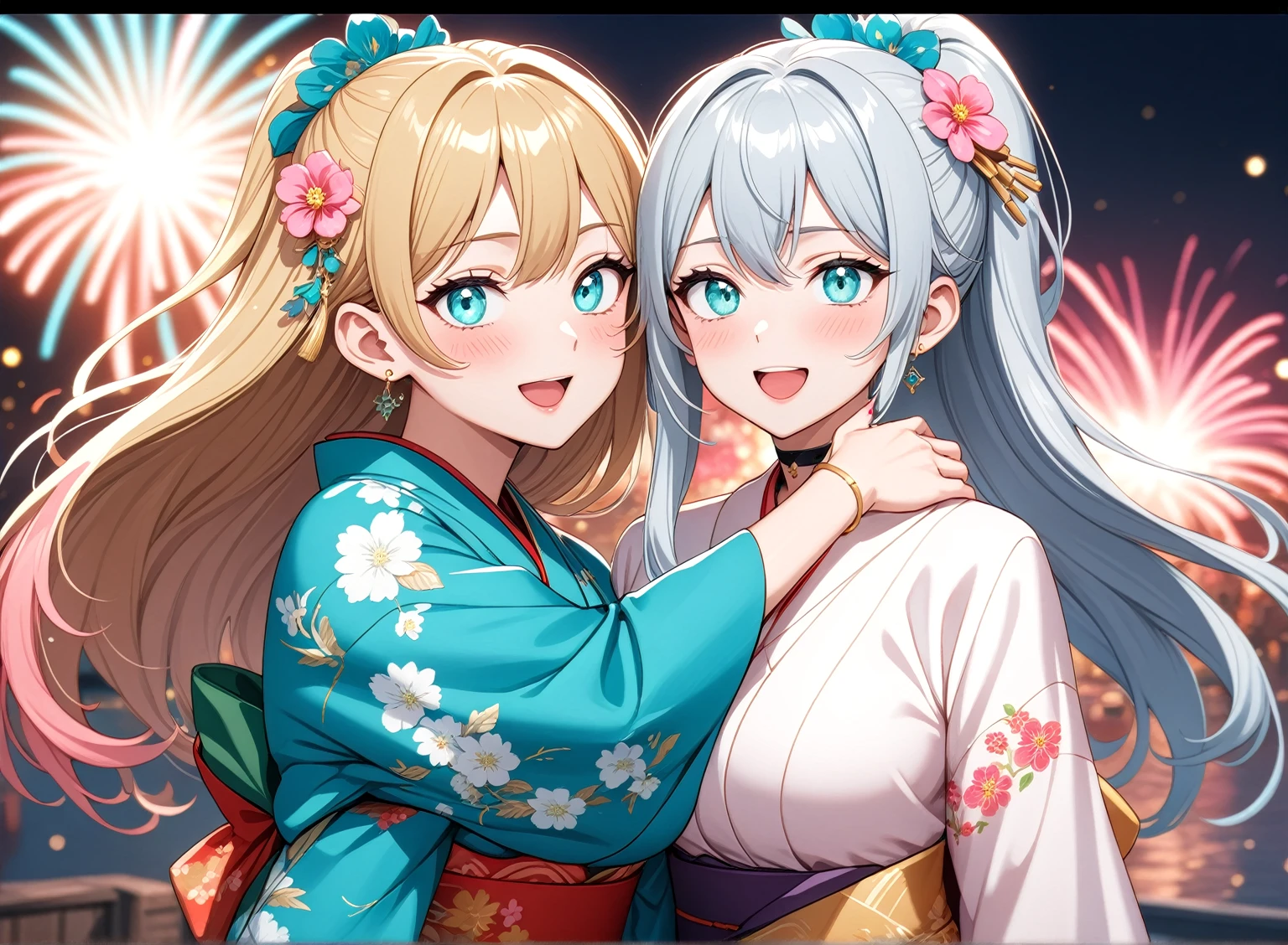 ((Two Women)), Beautiful Face, (Laughing embarrassedly), ((laugh)), ((Wink:1.8)), Laugh with your mouth wide open,((Bright red cheeks:1.4)),Shiny red lips, night,横浜のnight景,You can see the ocean, firework,,Glossy pink lips,Facial lighting,((Anime style background)),masterpiece, Highest quality, so beautiful,up to date, Complex details, (4fingers and 1thumbs), (Pink long nails), (ring),(bracelet),(choker),AI-generated, Complex,High resolution, Highest quality, super high quality,3D Images、3D Images,One person,Long white hair,Blonde Hair, High Ponytail,(blue eyes),Anime woman posing for a photo, ((Fine grain、Silvery white eyes、Shining Eyes:1.4)), ((Fine grain、Turquoise Eyes、Shining Eyes:1.4)), (Squint your eyes:1.1),a hyperRealistic , hyperRealistic , Realistic,Anime woman with long white hair, Smooth anime CG art, A woman in a colorful kimono with gold embroidery, (Black long sleeve kimono),(Pink long sleeve kimono), Red floral pattern,Long flower hair ornament,Earrings,Mature Body,(Big Breasts:1.1),Tall,Abdominal muscles,Narrow waist,(Zoom up to face), ((hug from behind)),