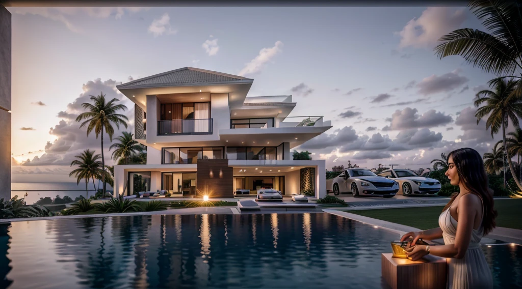 arafed view of a modern villa , sunset time, coconut tree, cars, architectural render, architectural visualization, architectural rendering, large modern residence, architectural 3 d render, award-winning render, stunning render, modern, realistic, interior architecture, Art Deco, depth of field, motion blur, cinematic lighting, vignetting, highres, high quality, high details, masterpiece