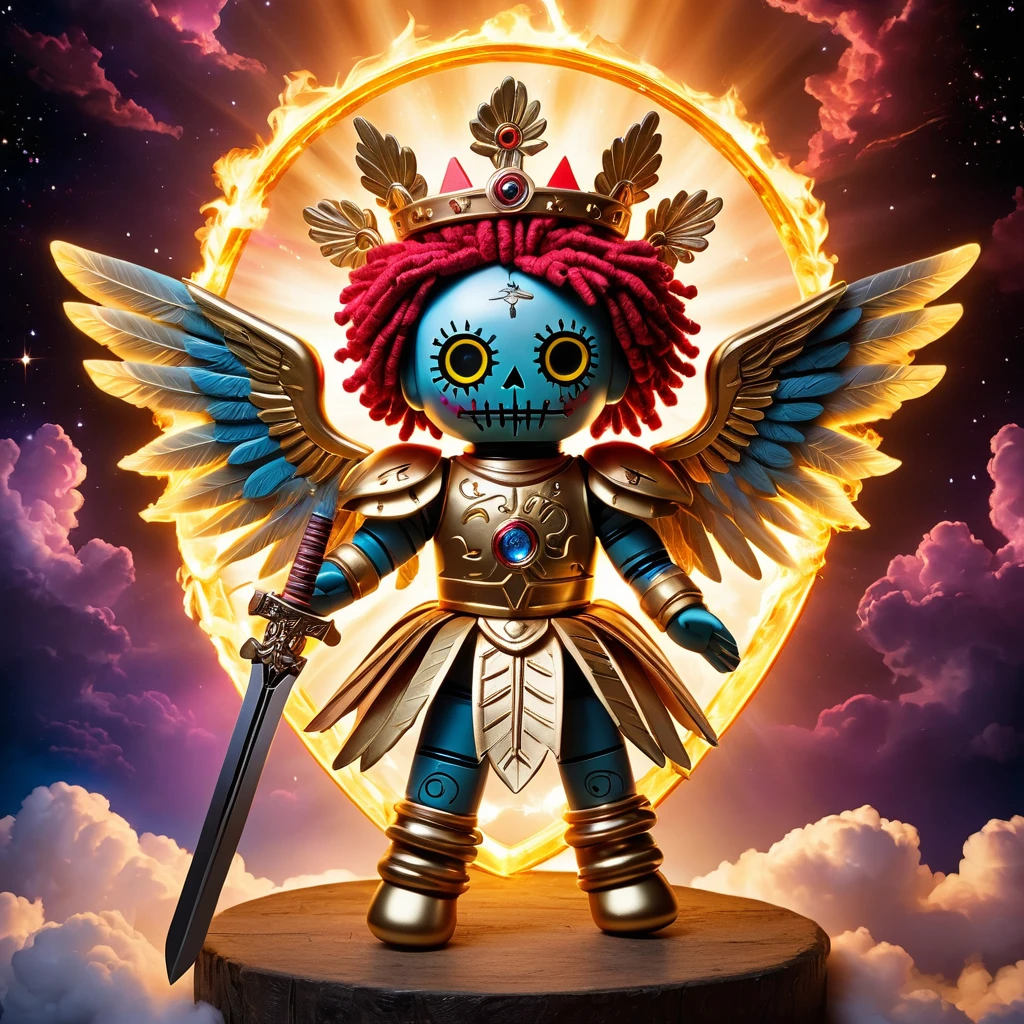 (knitted toy voodoo doll:1.7), (Voodoo Celestial Archangel:1.3), (Clothing: radiant armor with celestial symbols, glowing wings:1.0), (Accessories: flaming sword, divine shield, halo crown:1.2), (background: heavenly realm with golden clouds, celestial gates, and beams of divine light:1.2), best quality, masterpiece, detailed soft oil painting, detailed background, dramatic cinematic lighting, soft edge lighting, professional, dramatic lighting, hard edge lighting, ultra quality, 4k, masterpiece, best quality, 8k, ultra high definition, high resolution, extremely detailed