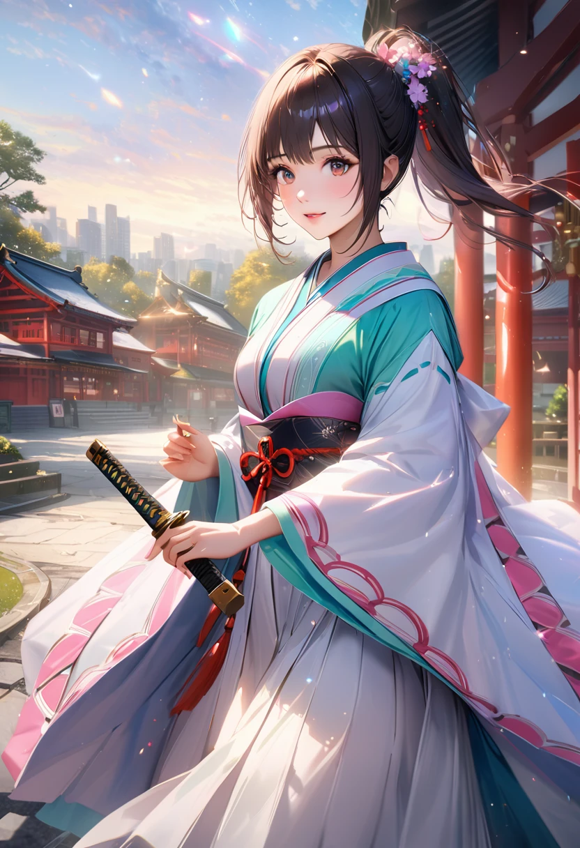 Shrine grounds, Clear sky with white clouds, Shrine maiden, Blur the background,young woman,ponytail,Holding a Japanese sword,Glitter effect,Highest quality, 8K, High resolution, masterpiece:1.2, Very detailed, Realistic:1.37, High resolution, 超High resolution, Ultra-fine painting, Very detailed, Professional, Vibrant colors