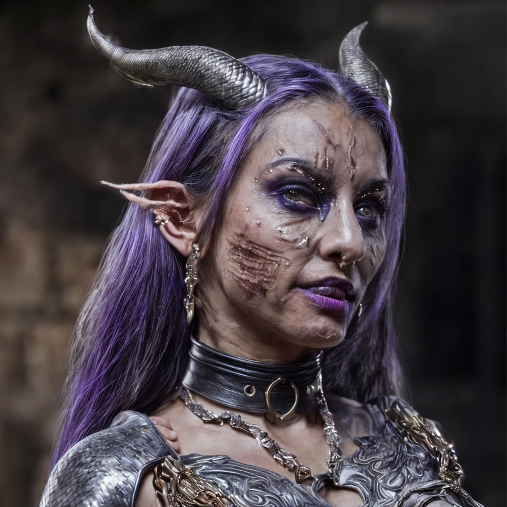 (masterpiece)+, (extremely (realistic)+,a portrait of an beautiful young female tiefling wizard, Long purple hair, horns, yellow snake-like eyes. Smirk, Piercing, Cuts and wounds, Scars, Shrewd stare. Looking in camera. volumetrics dtx, Photorealistic, ultra detailed, Artstation trending, very very detailed, realistic shaded lighting, dynamic shadows, detailed Brick wall background, upper body, professional photograph of a detailed skin, sharp focus, dramatic, award winning, cinematic lighting, octane render, unreal engine, volumetrics dtx, Photorealistic, ultra detailed, Artstation trending, very very detailed, hyperrealistic, fine details, realistic shaded lighting, dynamic shadows, Brick wall background, add_detail:1, skin pores and wrinkles, details.,More Reasonable Details

