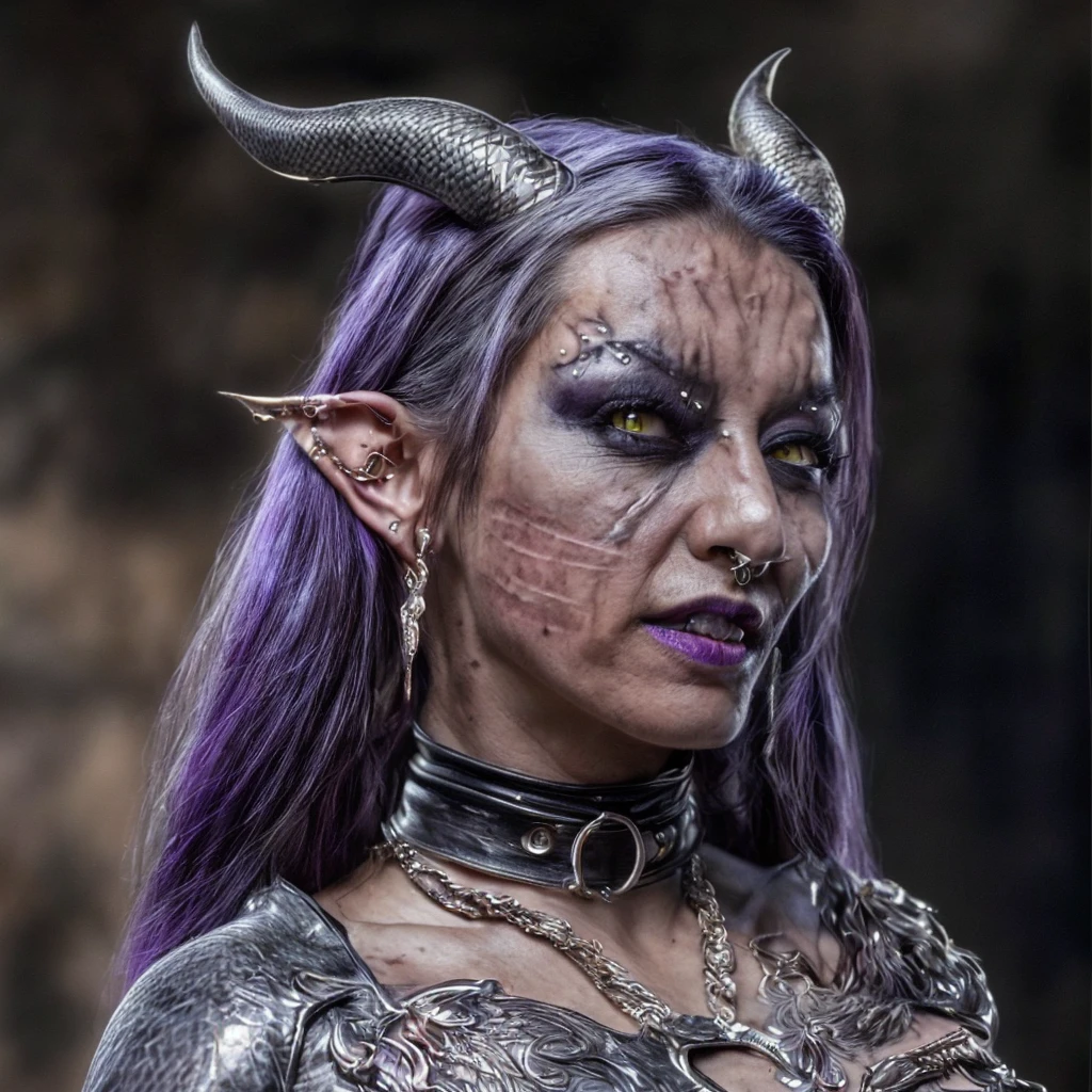 (masterpiece)+, (extremely (realistic)+,a portrait of an beautiful young female tiefling wizard, Long purple hair, horns, yellow snake-like eyes. Smirk, Piercing, Cuts and wounds, Scars, Shrewd stare. Looking in camera. volumetrics dtx, Photorealistic, ultra detailed, Artstation trending, very very detailed, realistic shaded lighting, dynamic shadows, detailed Brick wall background, upper body, professional photograph of a detailed skin, sharp focus, dramatic, award winning, cinematic lighting, octane render, unreal engine, volumetrics dtx, Photorealistic, ultra detailed, Artstation trending, very very detailed, hyperrealistic, fine details, realistic shaded lighting, dynamic shadows, Brick wall background, add_detail:1, skin pores and wrinkles, details.,More Reasonable Details

