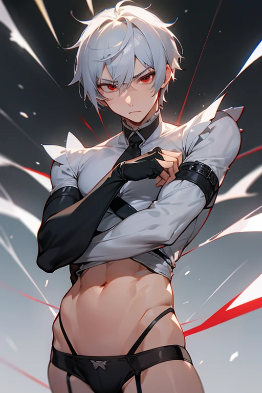 male、Gray Hair、Gray Hair、short hair、Red Eye、冷血なmale、good looking、Cold Face、Well-formed face、Well-built、Hard look、sexy、sexyな服装、Belly out、garter belt、Expressionless、Naughty face、Having your spine and neck traced、tingles、Thigh touching、Be surprised、