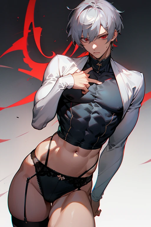 male、Gray Hair、Gray Hair、short hair、Red Eye、冷血なmale、good looking、Cold Face、Well-formed face、Well-built、Hard look、sexy、sexyな服装、Belly out、garter belt、Expressionless、Naughty face、Having your spine and neck traced、tingles、Thigh touching、Be surprised、