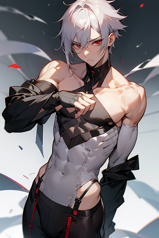 male、Gray Hair、Gray Hair、short hair、Red Eye、冷血なmale、good looking、Cold Face、Well-formed face、Well-built、Hard look、y、sex装、Belly out、garter belt、Expressionless、Naughty face、Having your spine and neck traced、tingles、Thigh touching、Be surprised、