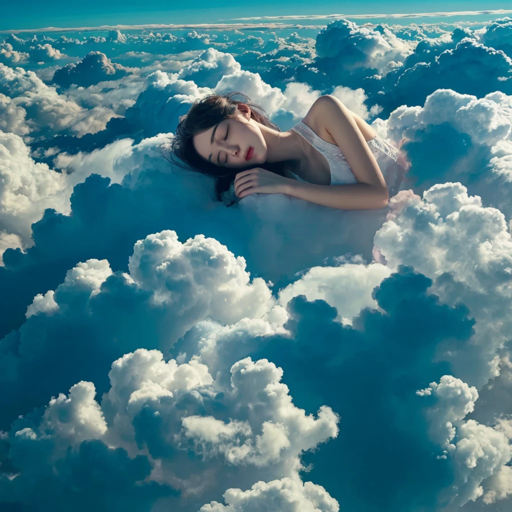 Beautiful woman sleeping in the floating clouds