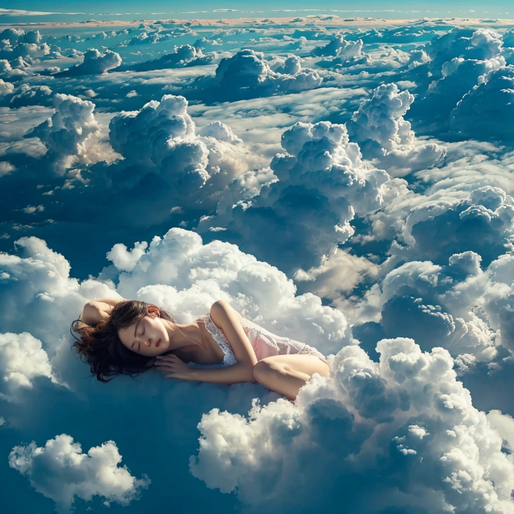 Beautiful woman sleeping in the floating clouds