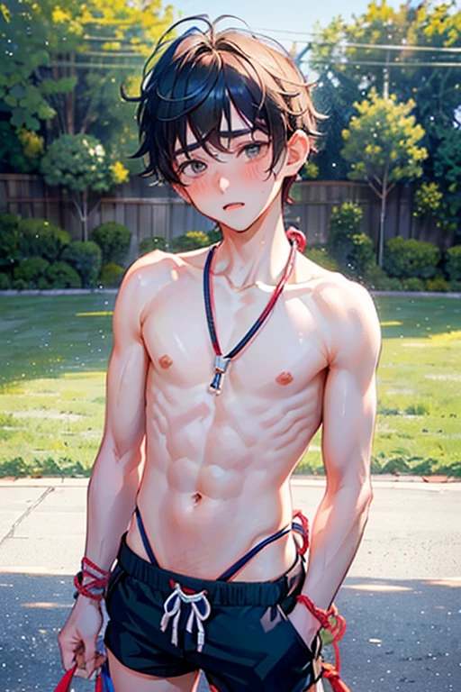 boyboy,(cute junior boy proposes to handsome senior boy),boy's , small mouth,nose blush,at school,evening time,Diversity,(())((naked))((Women))((Erect male genitalia))((Swollen crotch))((Bikini pants))((Boy wearing women's shorts))
((Soft-looking body))((Boy with a bra))((The whole body is tied with a thick rope))
beautiful lighting, dynamic angle, sharp,