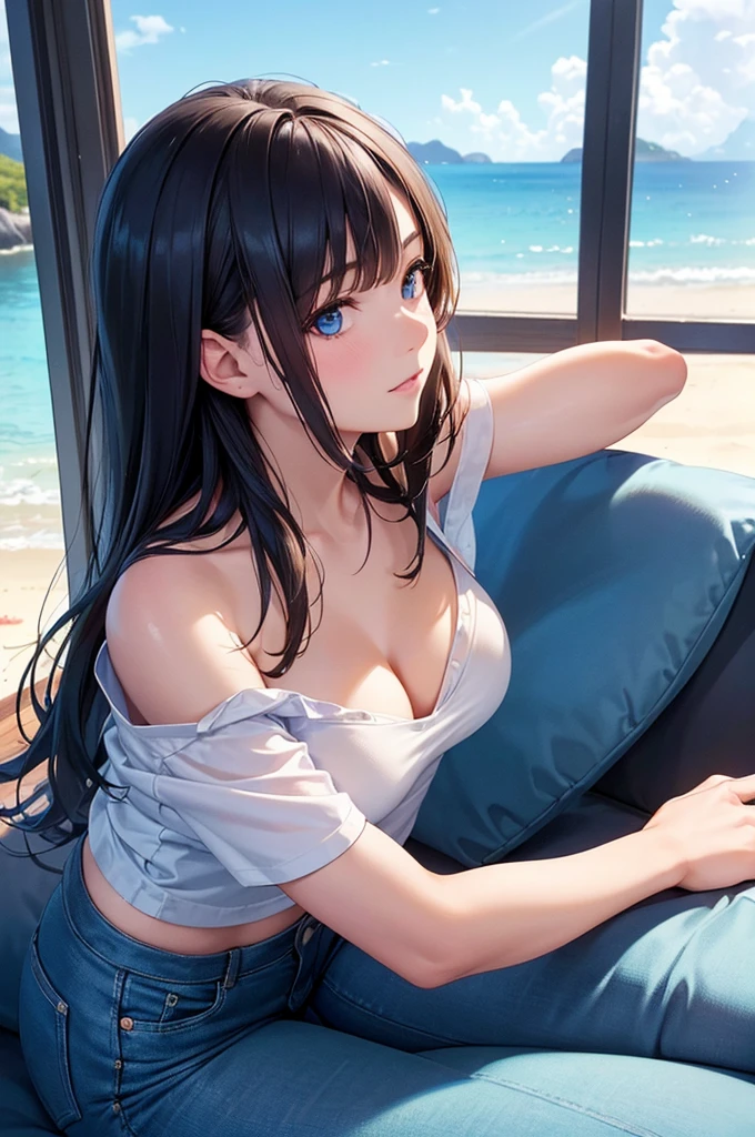 Cute Thai girl with shoulder-length dark shaded hair, blue eyes, He is wearing a tight fitting white shirt with a low neckline. (Bust 38 inches), slim fit light blue jeans, Sitting on a bed with a sliding glass door behind, Beach view.
(Highest quality,4K,8K,High resolution,masterpiece:1.2), Super detailed, (Realistic,photoRealistic,photo-Realistic:1.37), High resolution, 超High resolution, Studio Lighting, Very detailed explanation, Professional, Vibrant colors, Bokeh, Portraiture, Beach Color.