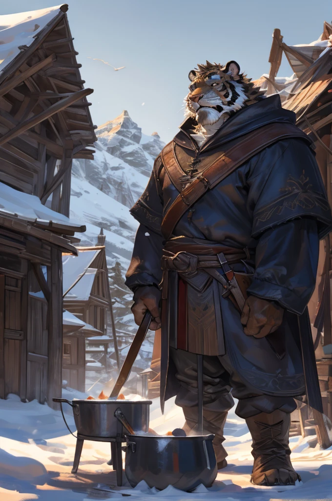 By Taran Fiddler, One man, furry, anthropomorphic snow tiger, mature male, dilf, older male, muscular, mustache, handsome face, white and black fur, stern face, medieval clothing, wearing light brown cloak, wearing satchel, standing up, arms crossed, cooking pot nearby, snow background, tent settlement background, moutain background, silhouettes in background (slightly crowded)