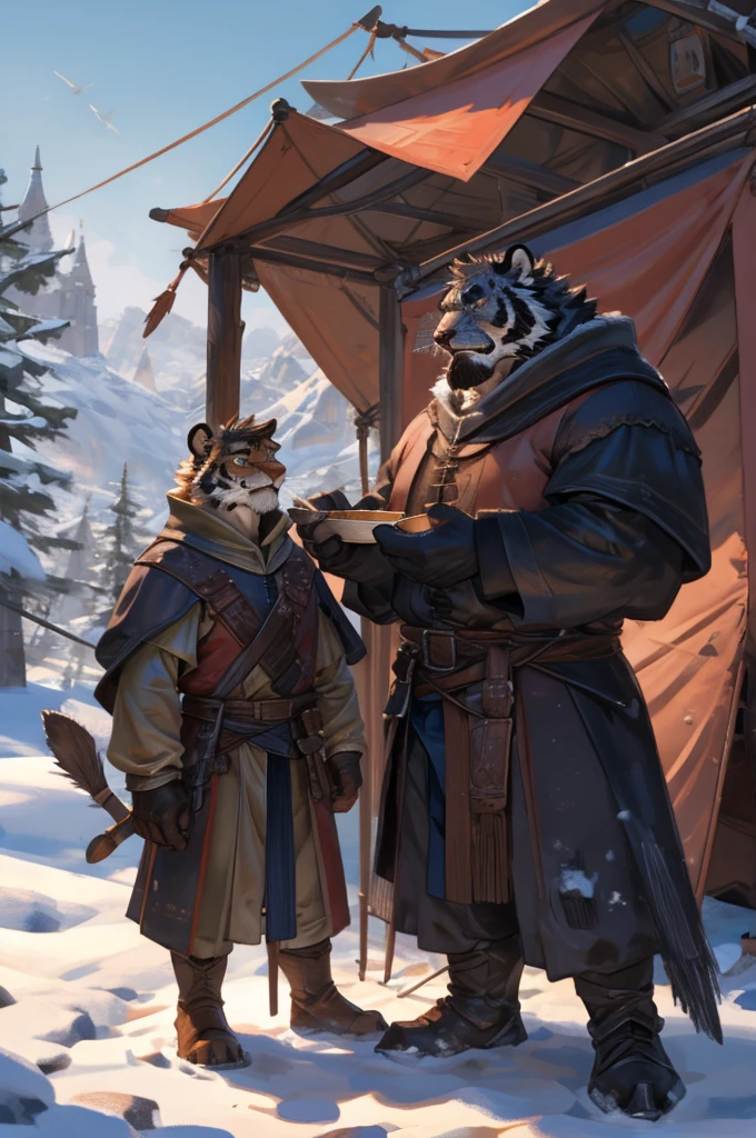 By Taran Fiddler, One man, furry, anthropomorphic snow tiger, mature male, dilf, older male, muscular, mustache, handsome face, white and black fur, stern face, medieval clothing, wearing light brown cloak, wearing satchel, standing up, arms crossed, cooking pot nearby, snow background, tent settlement background, moutain background, silhouettes in background (slightly crowded)