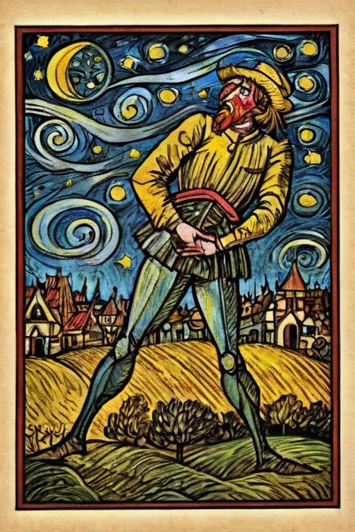 Bloodstainedai,vincent van gogh \(style\),starry night,clean line work,high contrast,cell shading,on parchment,till Eulenspiegel,by Val Munteanu,Val Muntenau illustration,(masterpiece, best quality, high quality, highres, ultra-detailed),