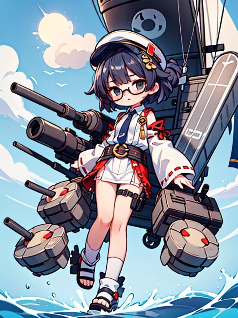 ((((Full body of a woman with perfect flat chest、solo、Short unkempt black hair、Tie your messy hair at the nape of your neck、white military jacket、Miko costume、tights、Black glasses、White military cap、Cloudy black eyes、Sleepy expression、Falcon Hair Accessories、Eagle hair accessory)))), (((masterpiece))), (((Shipgirl))), ((Floating on the morning sea with both feet)), (Spread your legs wide open), (Hold the turret with your right hand), (Mechanical arms extending from the waist are used to equip the ship with battleship equipment.), (Equipped with a turret on the back), (Holds the turret with his left arm), Shotgun shells are attached to the thigh with a belt, Spreading the Machine&#39;s Wings, Machine tail,  Holding a shotgun, Nipple masturbation, 