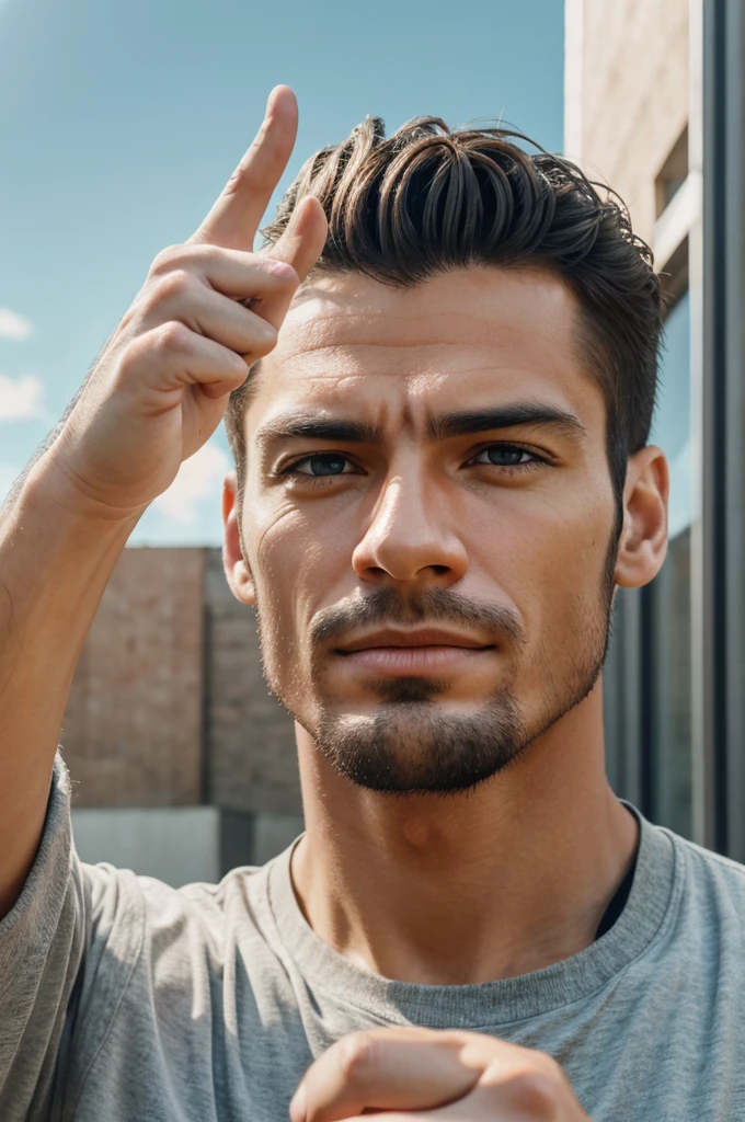 Generate a realistic image of a man pointing his finger directly at the sky. Capture the scene with natural lighting and focus on the details of the man's hand and face as he gestures upward.
