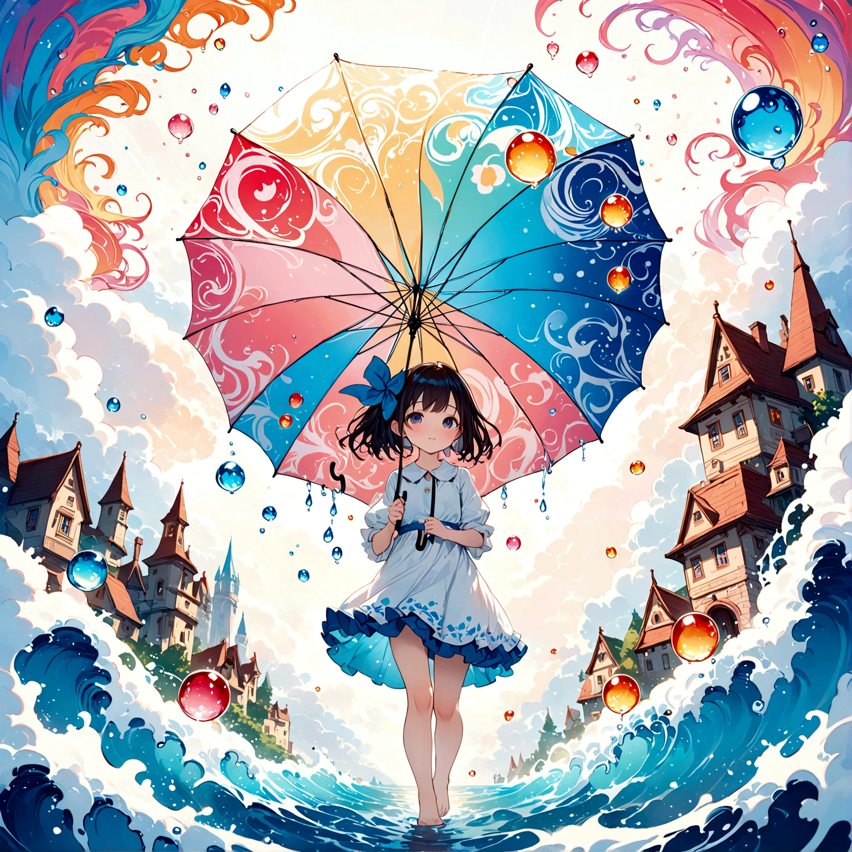 cuteイラスト: landscape,Street corner on a rainy day,絵本に出てくるようなlandscape,Emotional,Girl is walking,break,(Girl with an umbrella),umbrella,Anatomically correct,break,Create an artistic background,Add a drop pattern to the background,The street is colorful, Fairytale-like,This is a cute illustration like a dream.,Blur the lines of the water droplets for an artistic look.,Intricate details,Wide range of colors,artwork,rendering,(masterpiece:1.3),(Highest quality:1.4),(Very detailedな:1.5),High resolution,Very detailed,unity 8k wallpaper,Structurally correct,cute,Fantasy