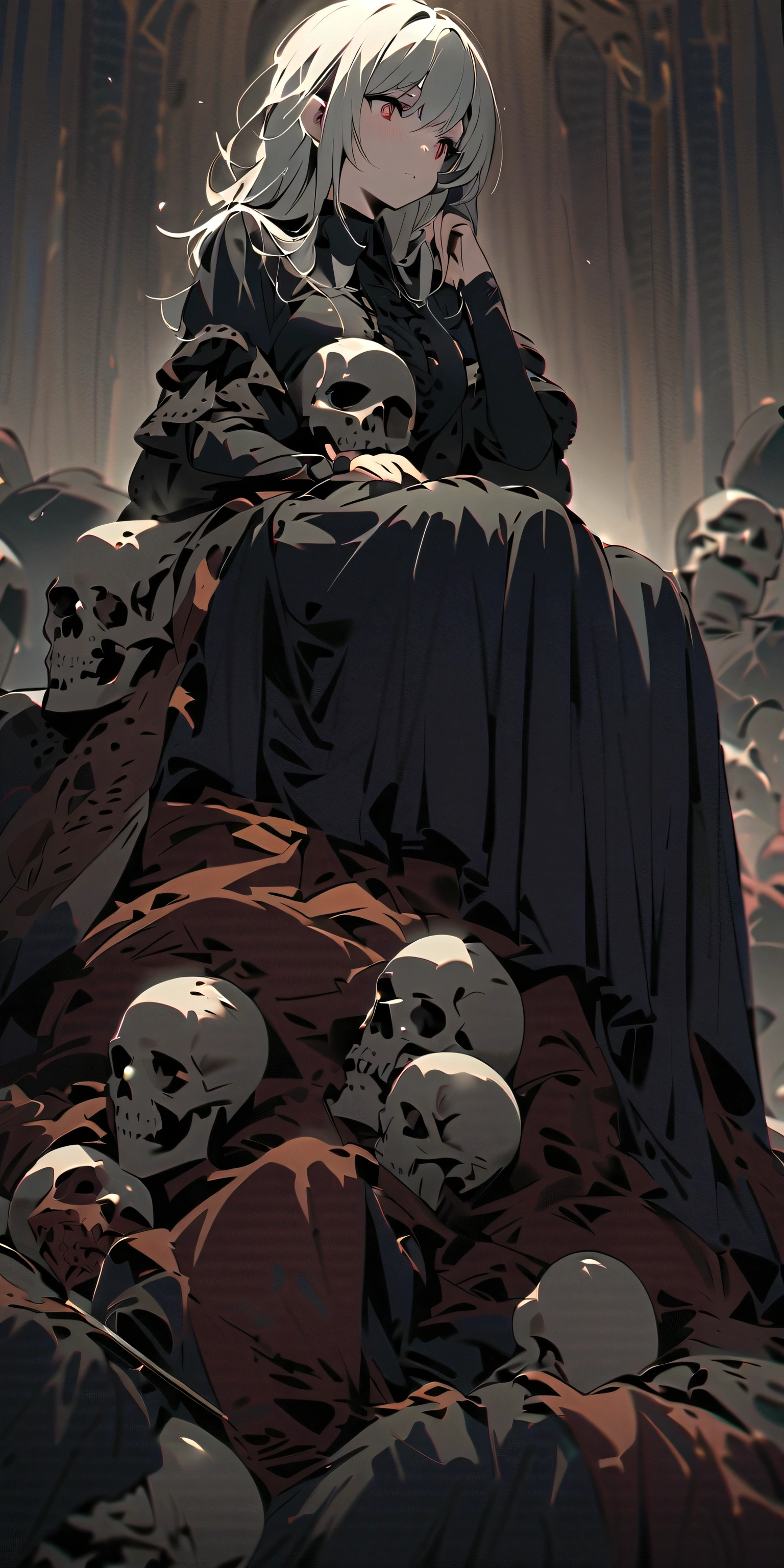 There's a lady sitting on a chair on top of a pile of corpses