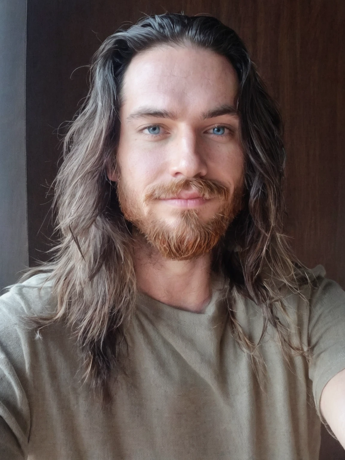 cheveux longs avec une barbe, ses cheveux sont en désordre et négligés, 28 ans, 32 ans, une photo d'un homme échevelé, ambiance fallout, avec des yeux bleu lumineux