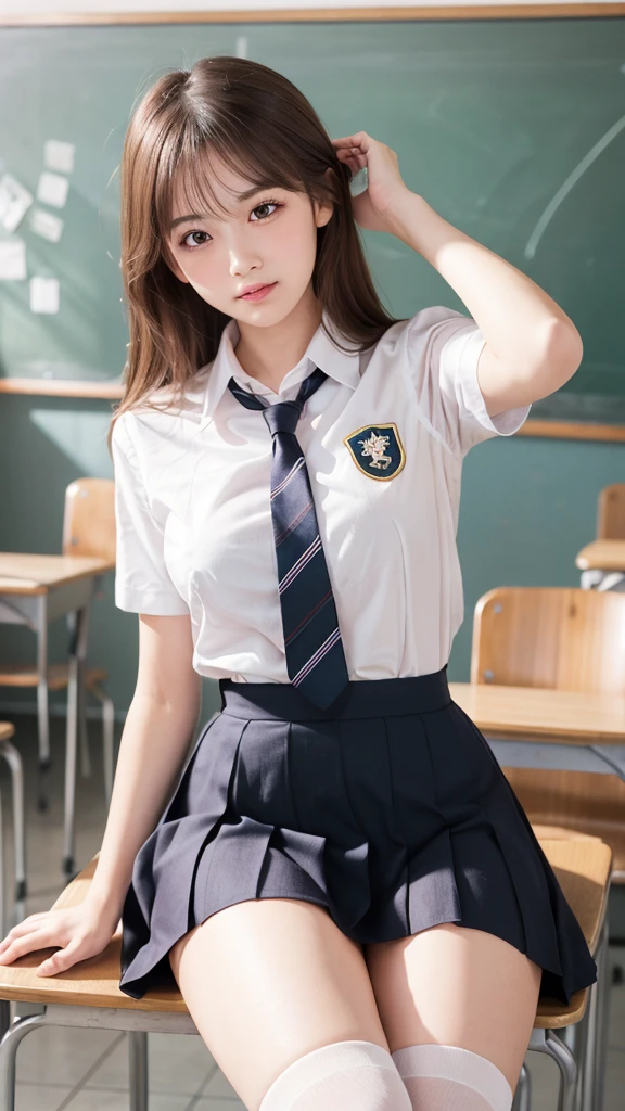 (Showing off panties:1.2), (Professional portrait, Realistic and perfectly shaped subjects:1.3), (masterpiece, highest quality:1.2), (Realistic, Ultra-realistic, Realistic:1.3), (ultra High resolution), High resolution, Intricate details, Super detailed, (Highly detailed CG, unity 8k wallpaper:1.3), Clear image,
break
(1 Japanese girl, 16 years old), (cute, Slender figure), (Perfect Anatomy, Correct limbs:1.2), (Perfect hands), Perfect Arms, Beautiful and delicate face down to the last detail, Beautiful and delicate eye and eye highlights, (Very thin and delicate、not too long lashes), (Captivating eyes, Beautifully detailed eyes and face), light makeup, Pink Lip, Lip gloss, Stylish face, (Shiny skin, Realistic skin detail), Brown Hair, medium chest
break
((school uniform)), (High school girl), (Black socks), shirt open
break
classroom, Sitting in a chair, (Cowboy Shot), break
(((blush:1.4))), ((Embarrassing:1.4)), (((shy:1.5)))
break
from below
break