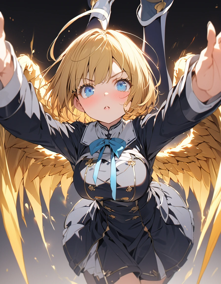 masterpiece Golden Wings A masterpiece of ultra-precise description of a girl fighting with golden flames (Short Bob Hair:1.4),(blue eyes)Legs up pose Big Breasts Kick