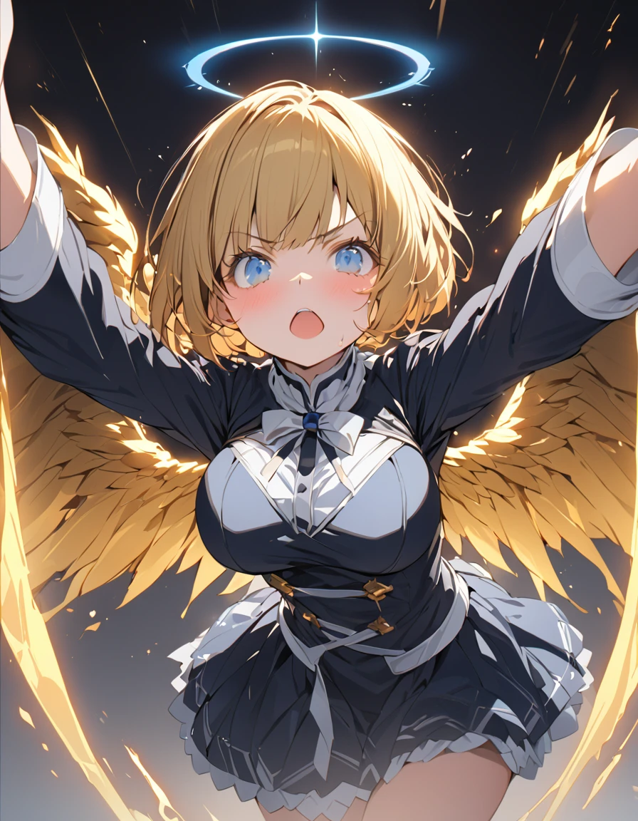 masterpiece Golden Wings A masterpiece of ultra-precise description of a girl fighting with golden flames (Short Bob Hair:1.4),(blue eyes)Legs up pose Big Breasts Kick