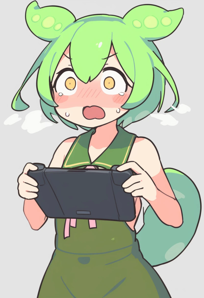 One girl,Zundamon,Voice Box ,Green Hair, Ahegao,Simple white background、No text,Playing games