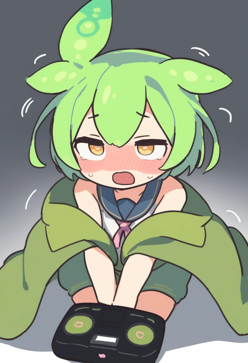 One girl,Zundamon,Voice Box ,Green Hair, Ahegao,Simple white background、No text,Playing games