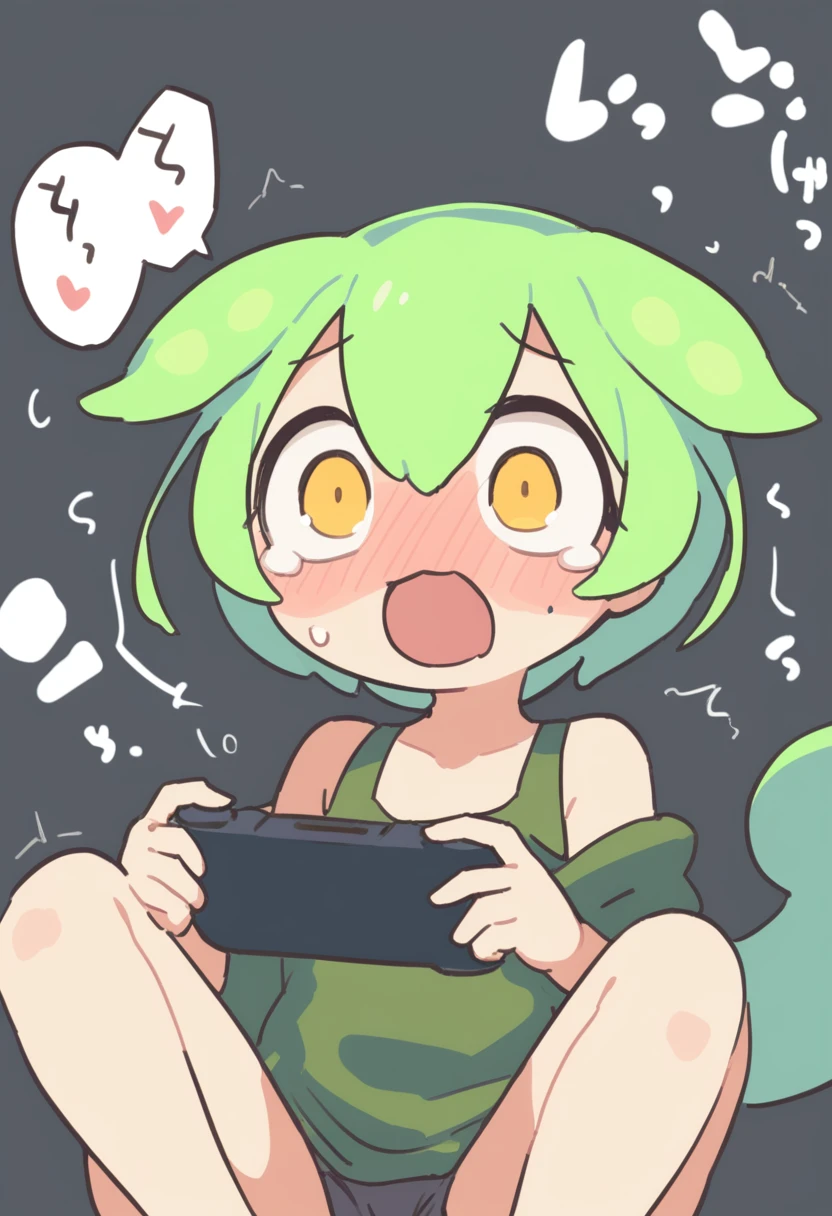 One girl,Zundamon,Voice Box ,Green Hair, Ahegao,Simple white background、No text,Playing games