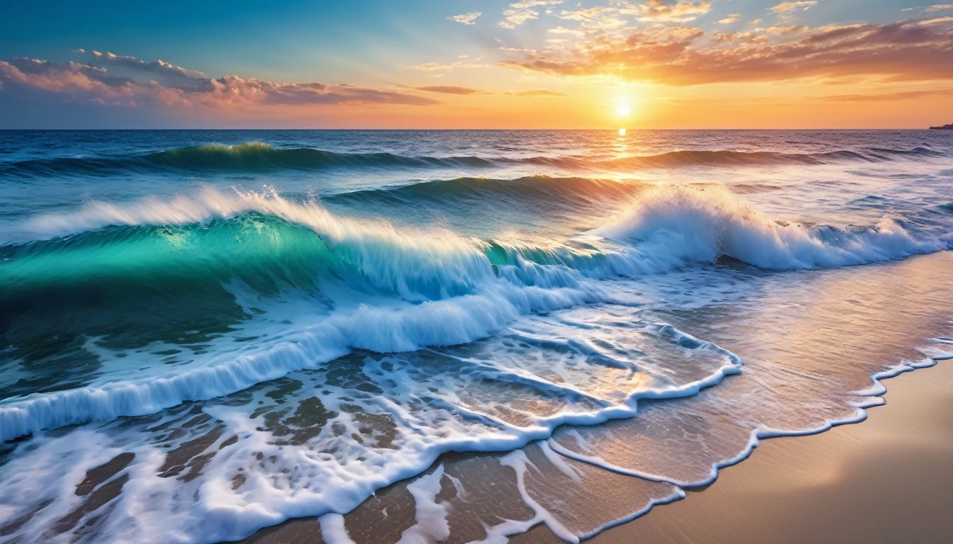 beautiful sunset seascape, waves crashing on the shore, blue sea and white sand (masterpiece, ultra quality, high resolution, 8k, intricate: 1.2), (masterpiece), (best quality:1)