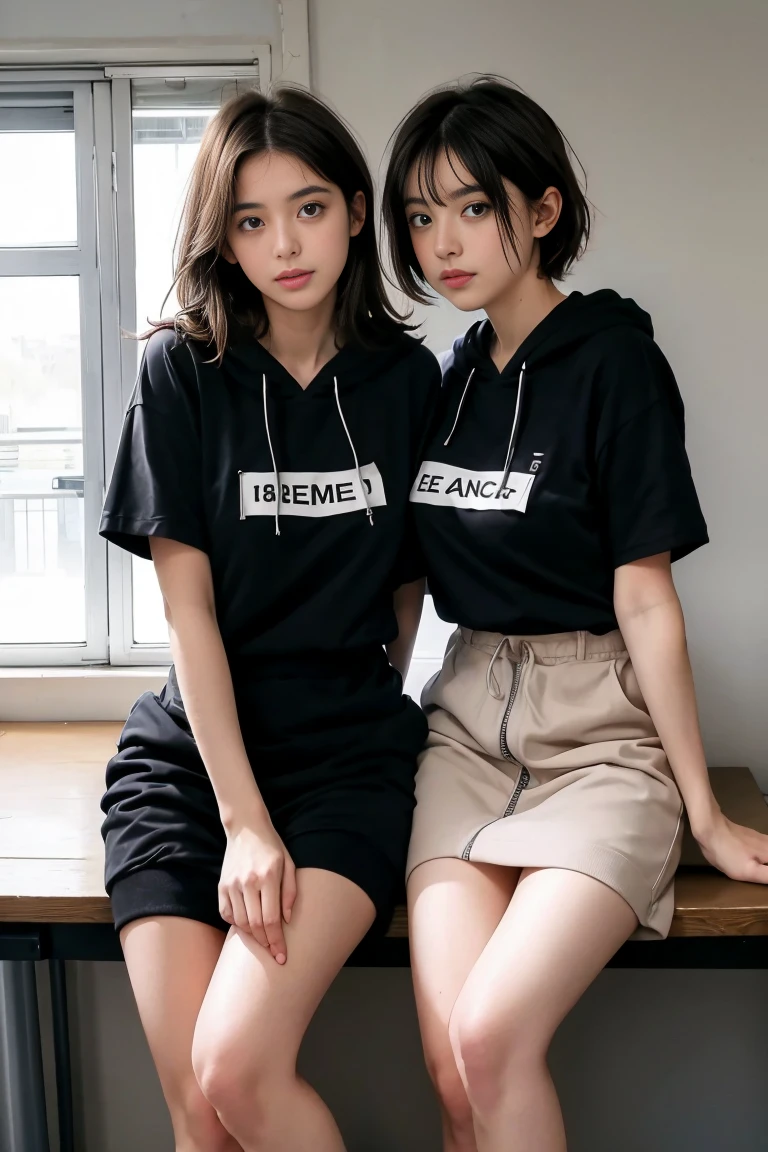deux femmes française ensemble de 18 ans sexy et mince , black short sleeve hoodie , salle de classe, se touche,position sey,sensuel