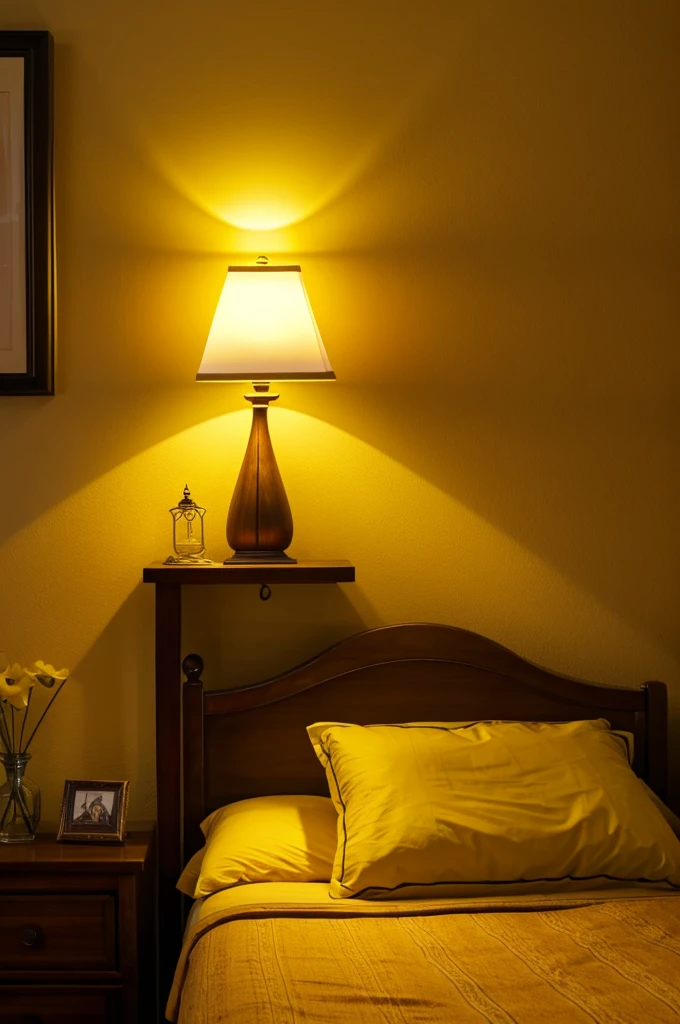 The lamp in the middle of the bedroom casts a warm yellow light.