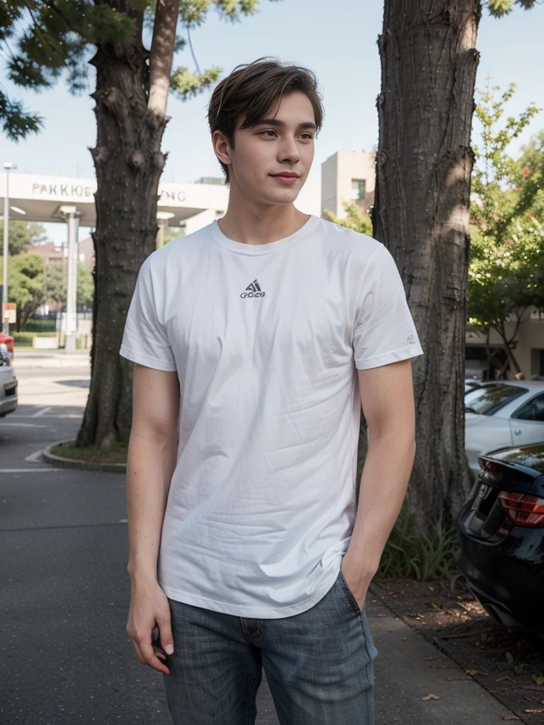 (One Caucasian young man:1.2), short curly hair, full body shoot, (near parking:1.5), (((realistic)))), ((realistic trees)) photorealistic, hyper-realistic, candid pose, slight smile, wearing casual clothes, (((clear background))), ((no blur))