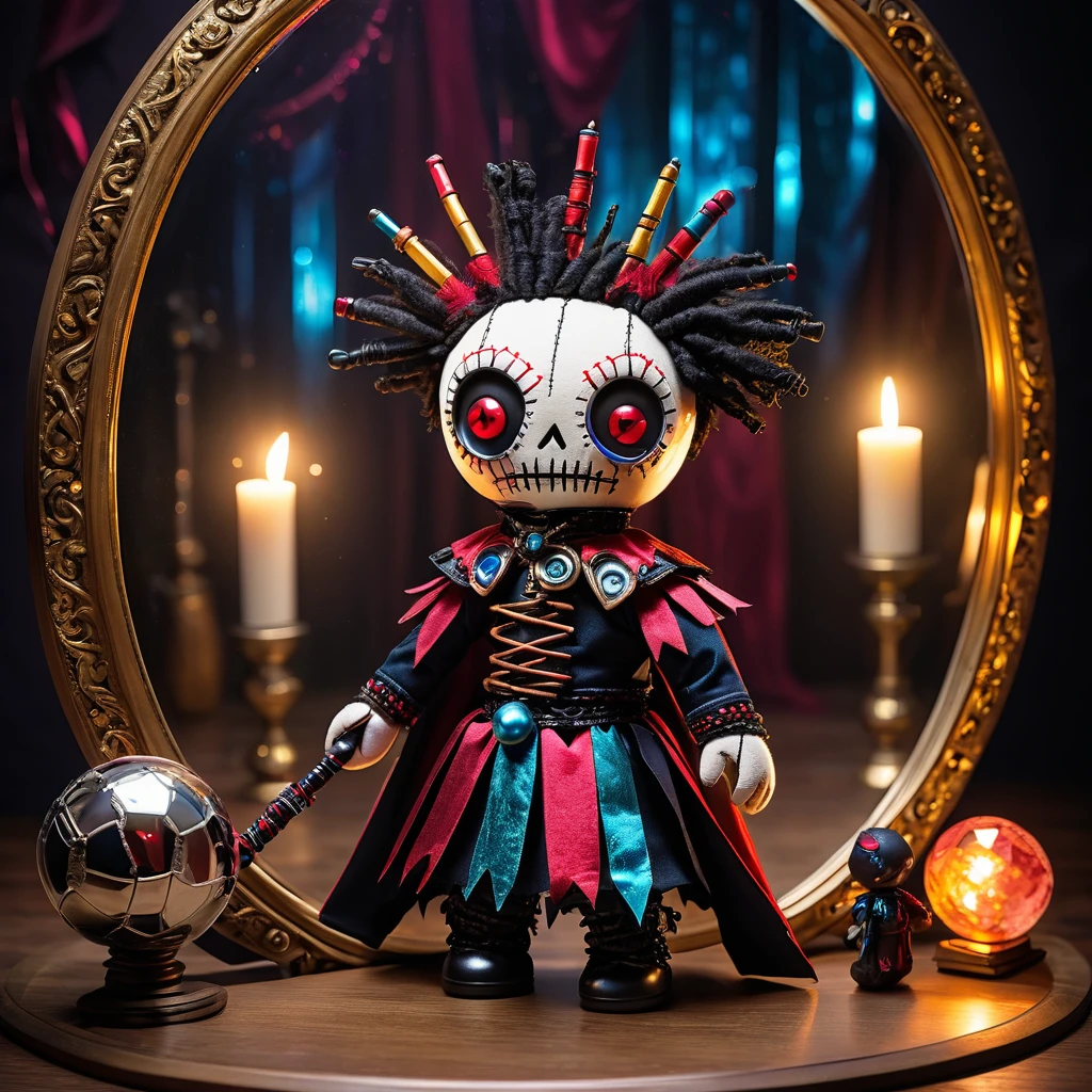 (knitted toy voodoo doll:1.7), (Voodoo Mirror Master:1.3), (Clothing: reflective armor with mirror fragments, cloak that shimmers with light:1.0), (Accessories: mirror shard staff, crystal orb, reflective mask:1.2), (background: mirrored dimension with endless reflections, floating mirrors, and light orbs:1.2), best quality, masterpiece, detailed soft oil painting, detailed background, dramatic cinematic lighting, soft edge lighting, professional, dramatic lighting, hard edge lighting, ultra quality, 4k, masterpiece, best quality, 8k, ultra high definition, high resolution, extremely detailed