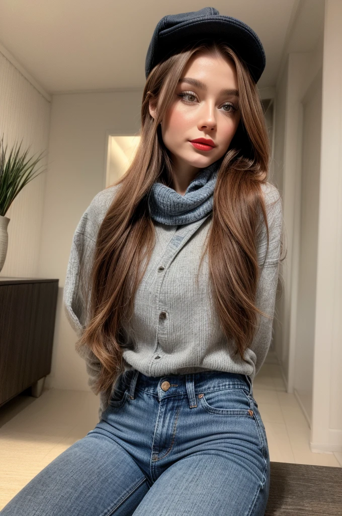 Photorealistic, best quality, hyper detailed, selfie photo, upper body. A portrait of a gorgeous, pretty, warm-hearted, kind-hearted, good-hearted, stunning, cheerful, sweet, polite, sensitive, sensible, shiny, charming, classy, stylish, super long flowing and glowing ginger haired russian woman. With the cutest face, pale skin, elegant make up, red lipstick, she is wearing a total denim outfit, jacket and skinny denim pants a grey sweater, riding boots, a black newsboy cap and a scarf.