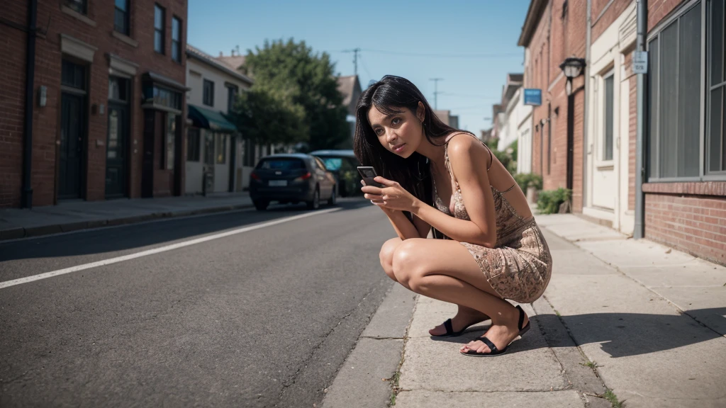 (smaug drahthaar), woman in pink dress squatting down on a brick sidewalk taking a picture, checking her cell phone, a photorealistic shot