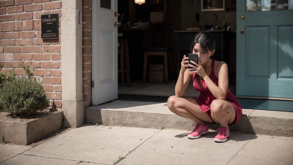 (smaug drahthaar), woman in pink dress squatting down on a brick sidewalk taking a picture, checking her cell phone, a photorealistic shot