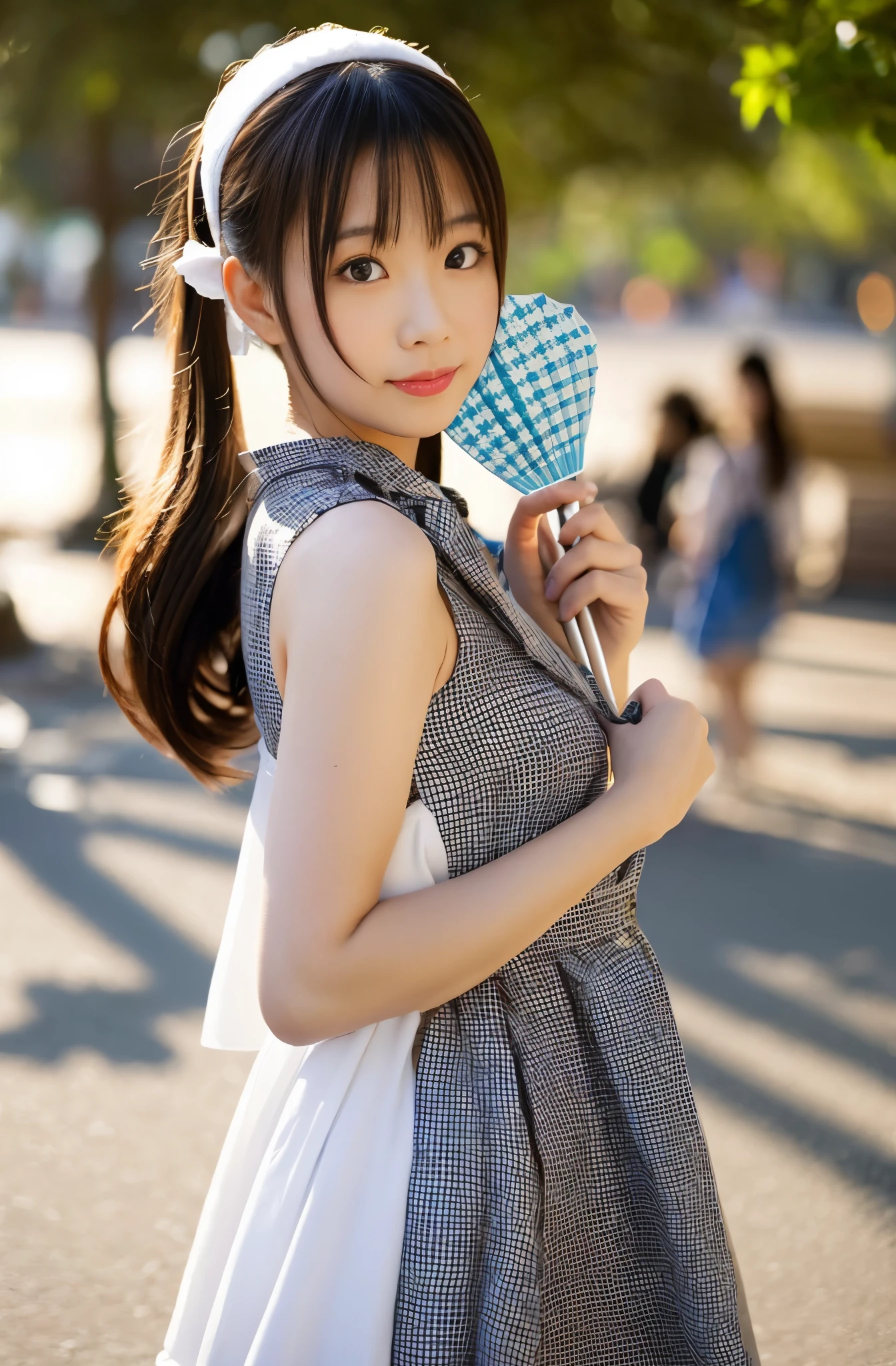 A woman holding a parasol.Japanese tween model girl.Full color photo.The resolution should be 30.4 megapixels, ISO sensitivity: 100, Shutter speed 1/2000 second. The image should be hyper-realistic, highly detailed, and high-resolution 16k.photogenic,