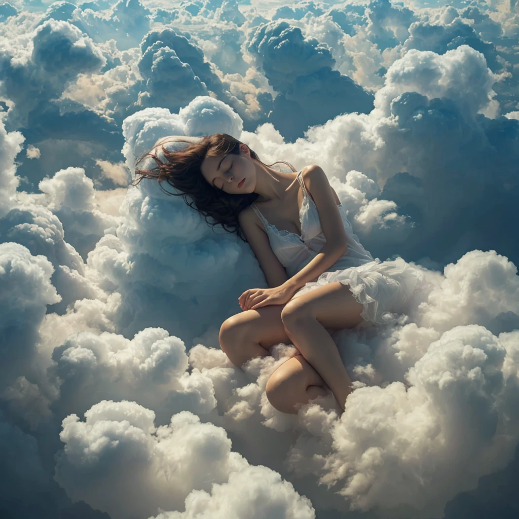 Beautiful woman sleeping in the floating clouds