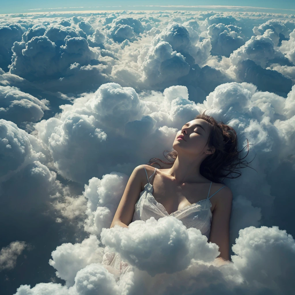 Beautiful woman sleeping in the floating clouds