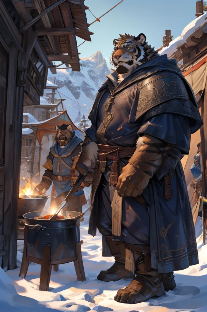 By Taran Fiddler, One man, furry, anthropomorphic snow tiger, mature male, dilf, older male, muscular, mustache, handsome face, white and black fur, stern face, medieval clothing, wearing light brown cloak, wearing satchel, standing up, arms crossed, cooking pot nearby, snow background, tent settlement background, moutain background, silhouettes in background (slightly crowded)